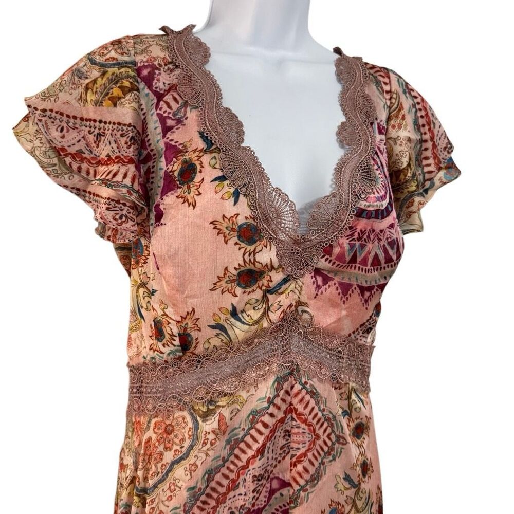 Guess Blush Pink Paisley Floral Lace Trim Handkerchief Hem Midi Boho Dress L - Picture 2 of 8